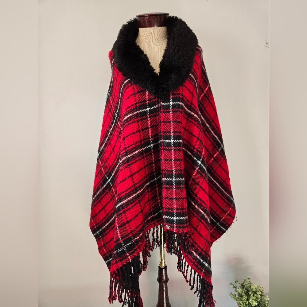 Ralph Lauren Red Plaid Poncho with Black Faux Fur Collar. One Size